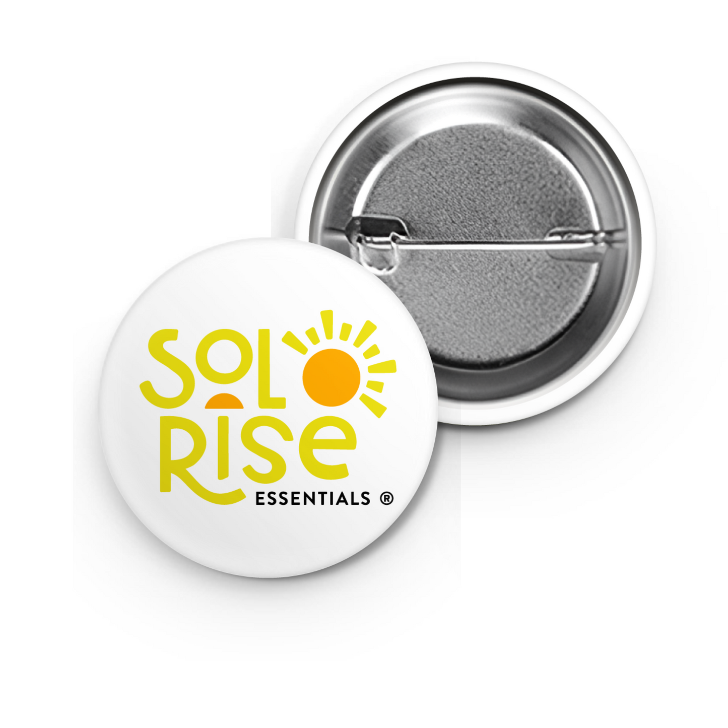 sol rise essentials logo mental health merch apparel button pin back yellow