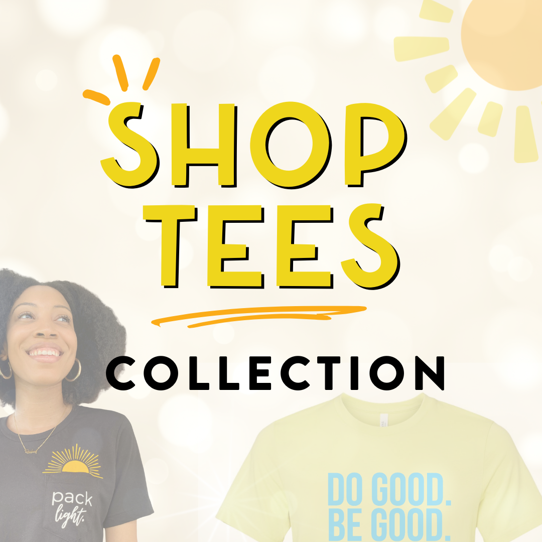 white Sol Rise Essentials affirmation tee that says Pack Light with pocket and sunshine graphic