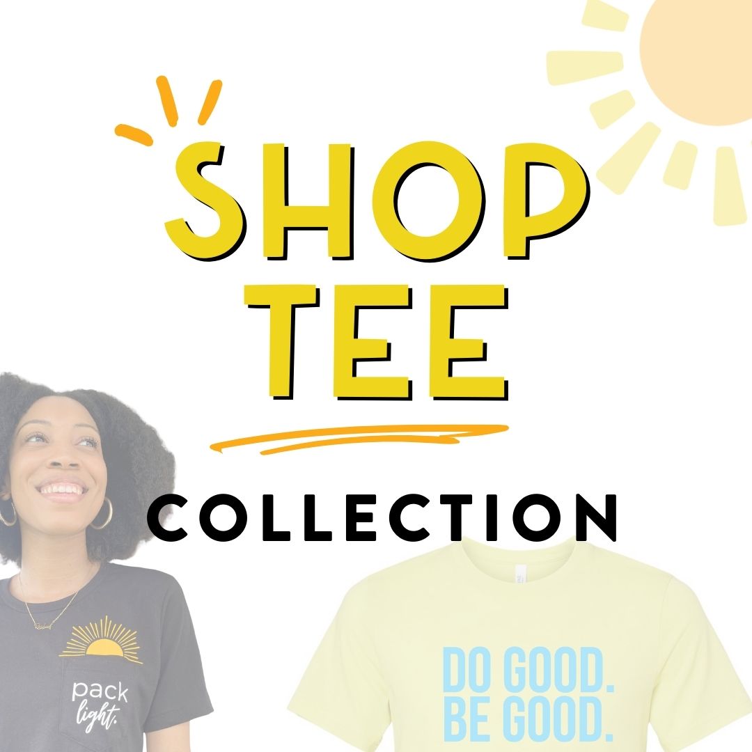 white Sol Rise Essentials affirmation tee that says Pack Light with pocket and sunshine graphic