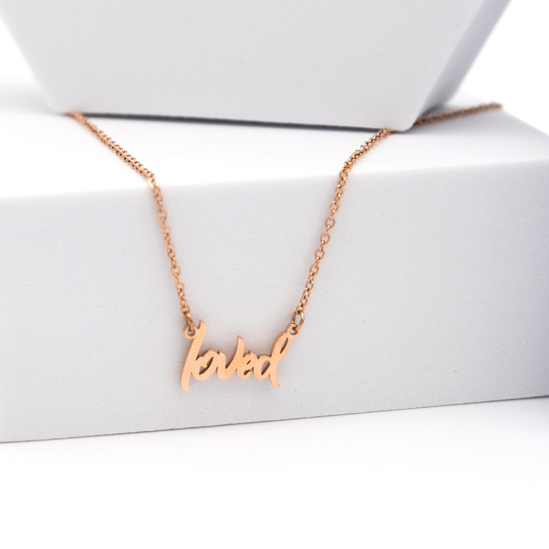 Loved affirmation necklace in rose gold from Sol Rise Essentials
